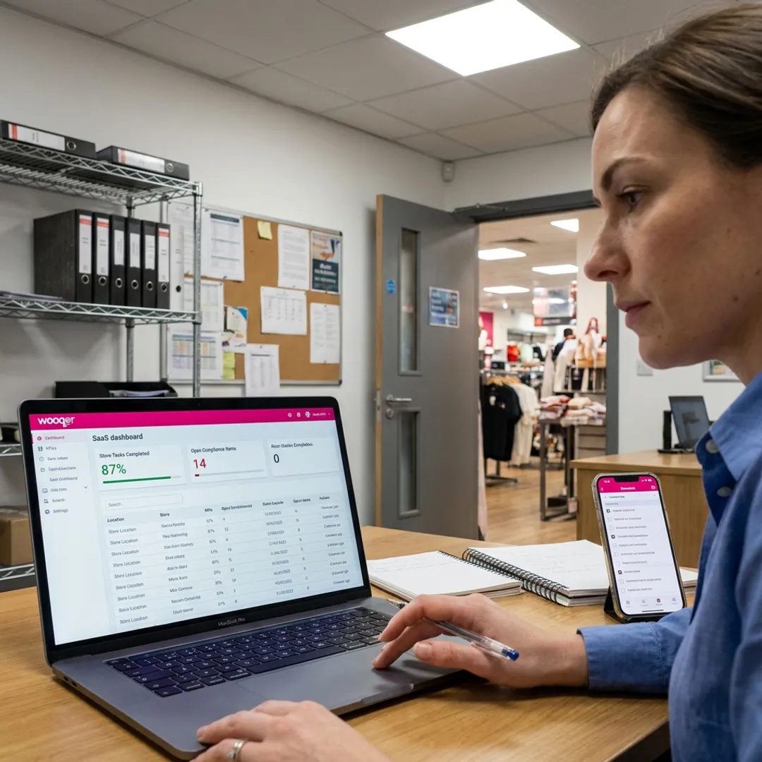 Retail manager reviewing multi-store operations dashboard