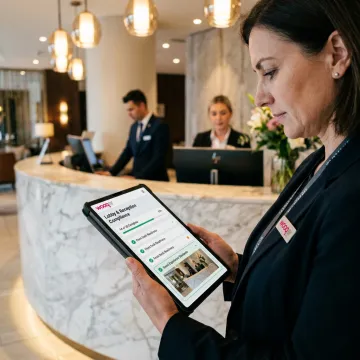 Hotel manager completing audit on tablet