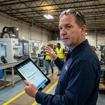 Manufacturing supervisor using compliance software on a tablet
