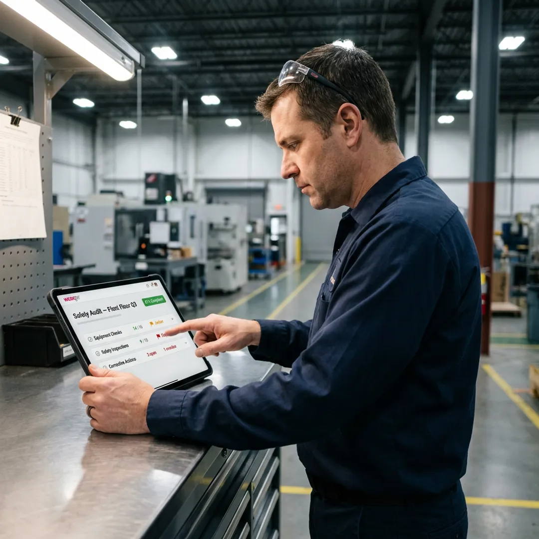 Manufacturing team reviewing digital compliance dashboard