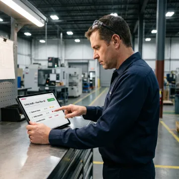 Manufacturing team reviewing digital compliance dashboard