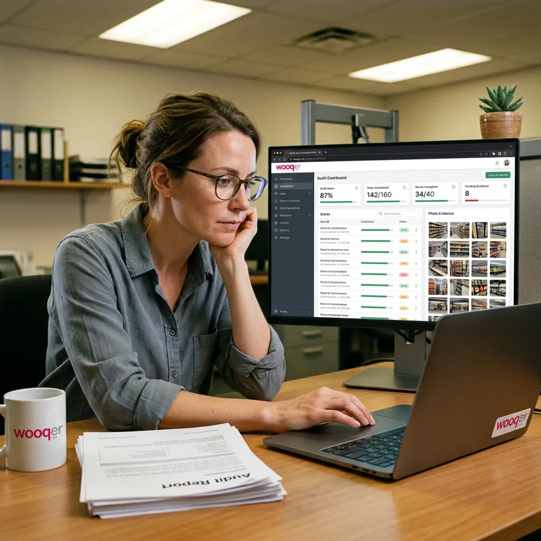 Retail manager reviewing compliance dashboard