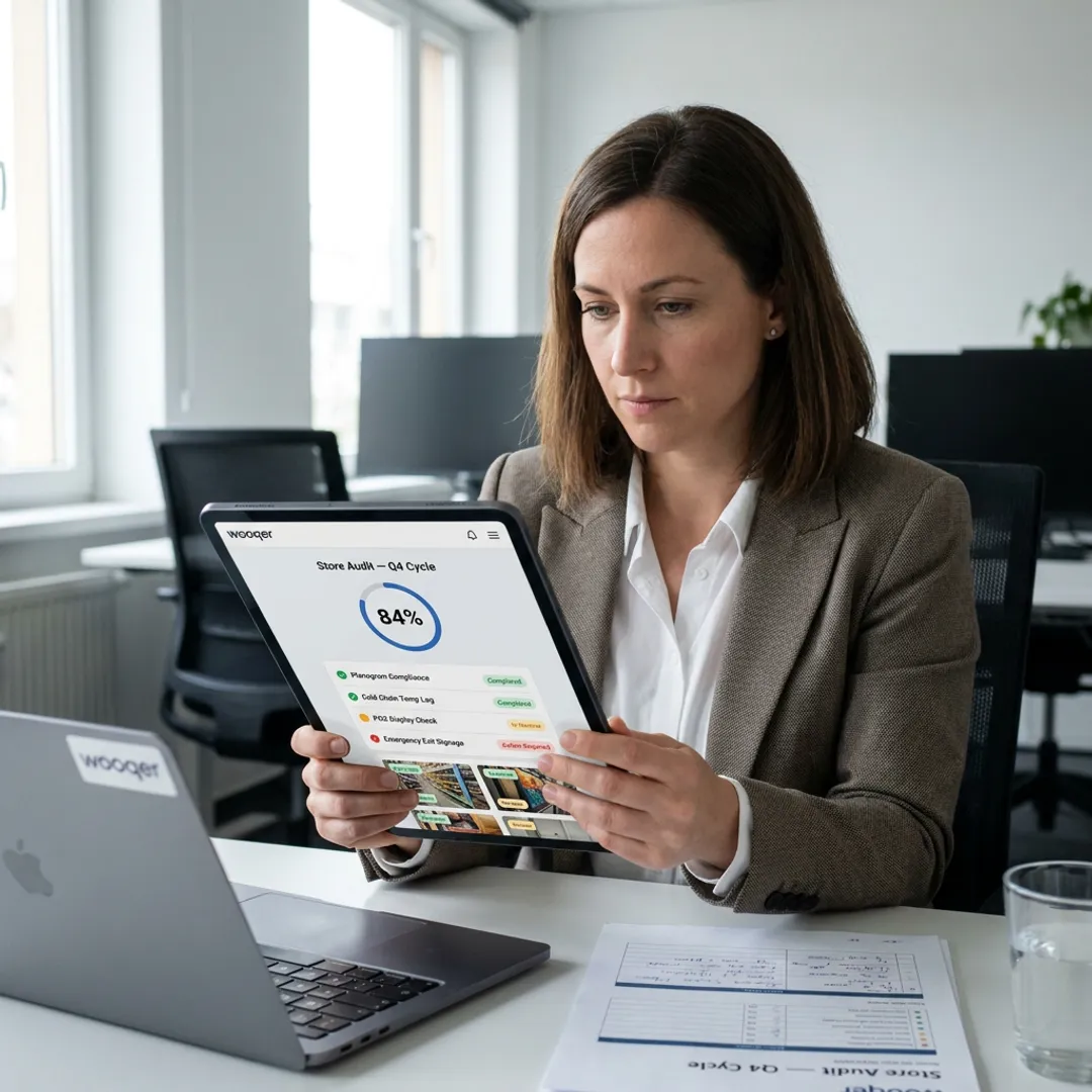 Retail manager reviewing compliance dashboard on tablet