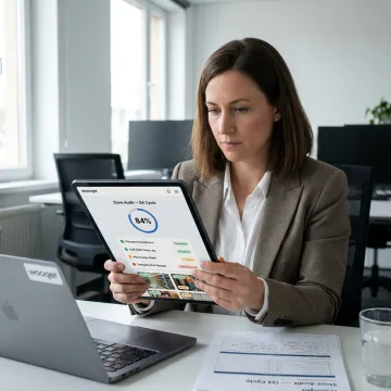 Retail manager reviewing compliance dashboard on tablet