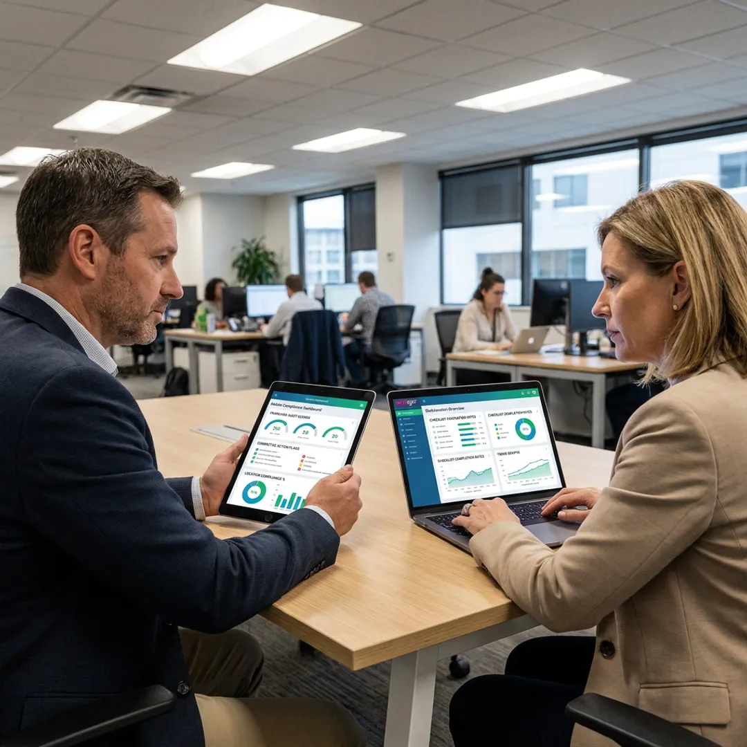 Team reviewing franchise compliance dashboard