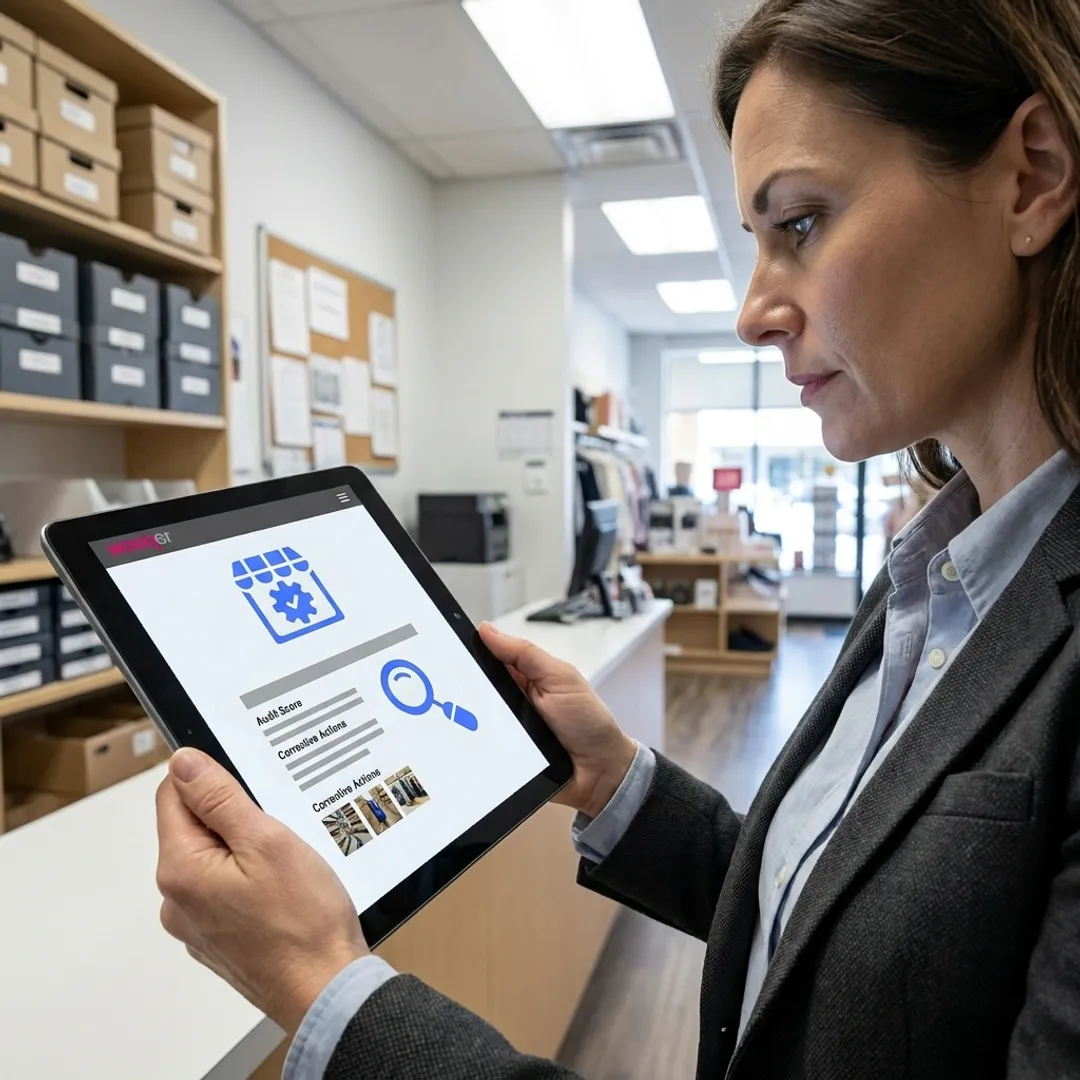 Manager reviewing brand compliance dashboard