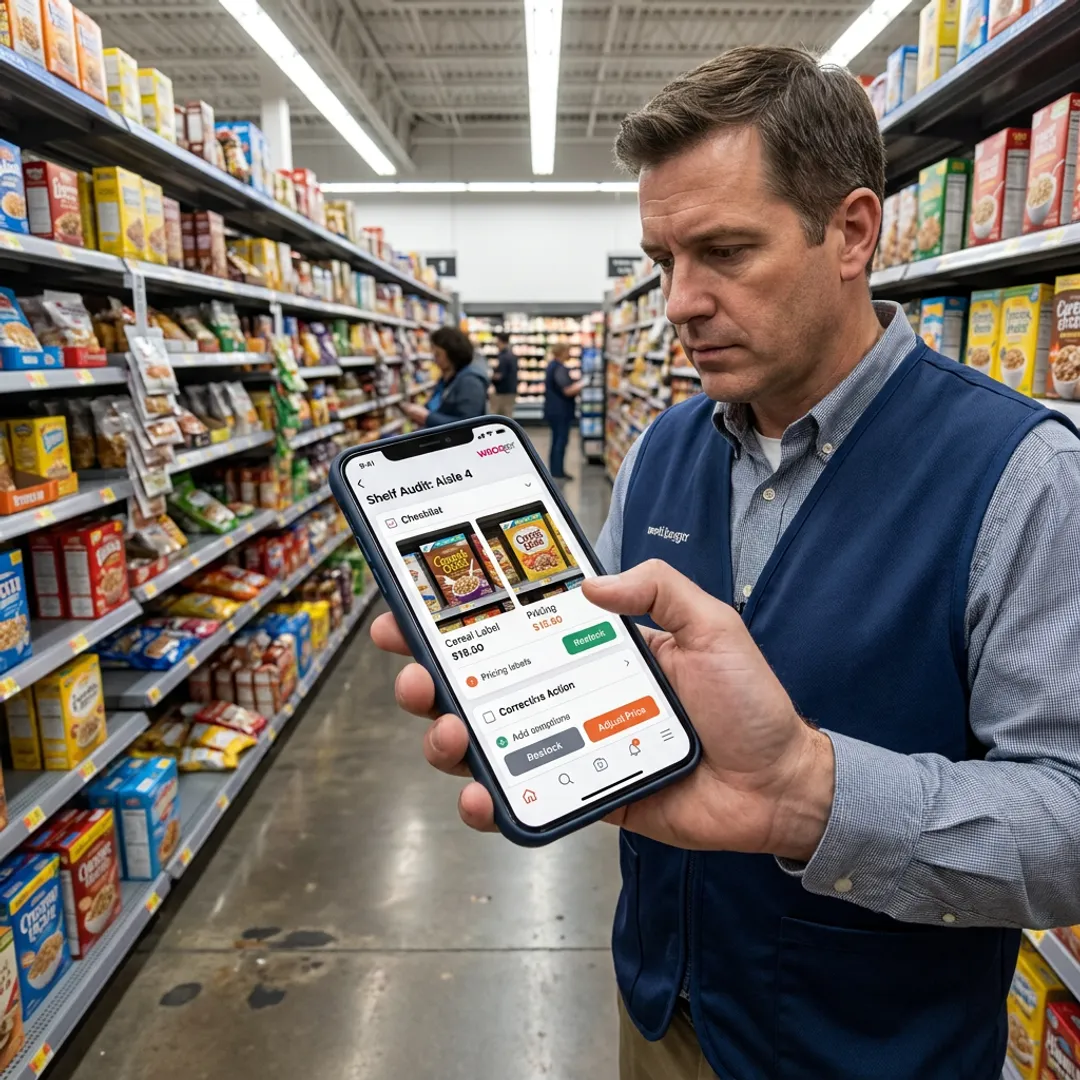 Manager reviewing a mobile shelf audit checklist