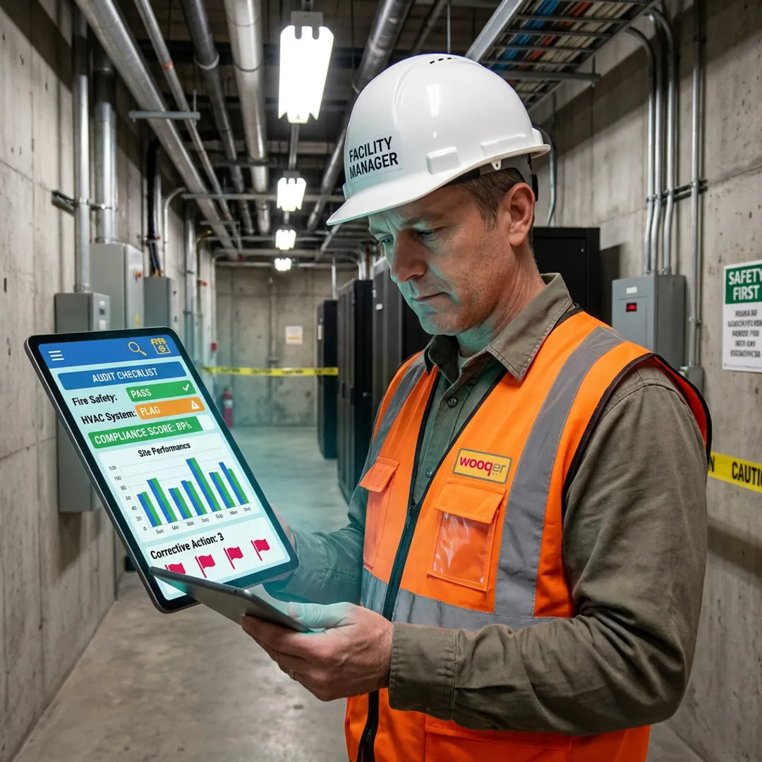 Facility manager reviewing Wooqer operations dashboard