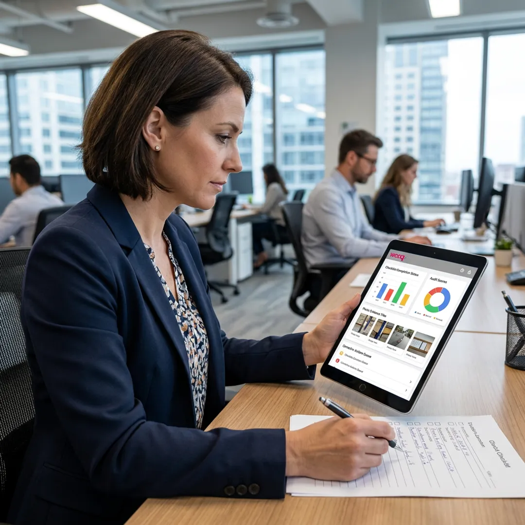 Quality manager reviewing digital inspection dashboard