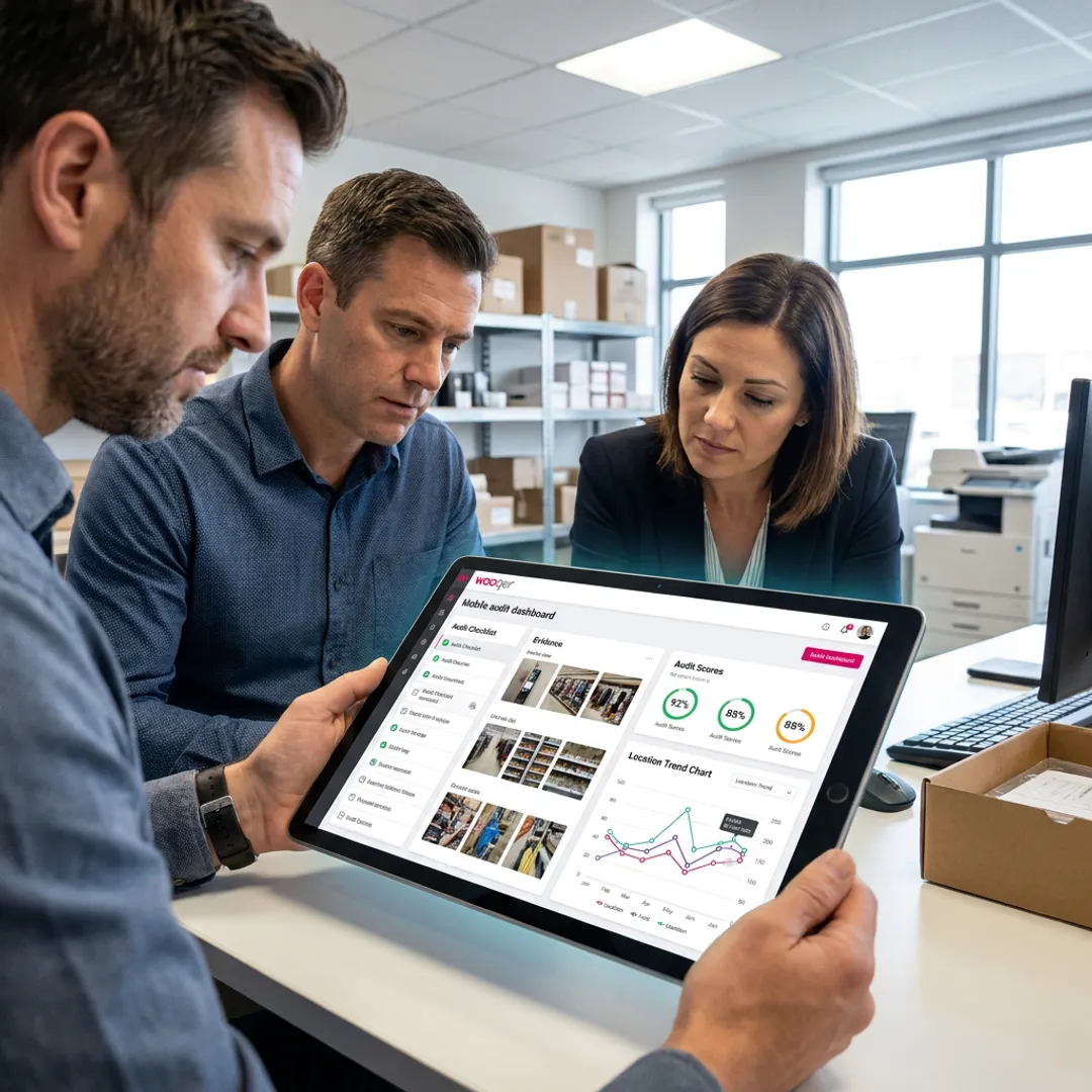 Team reviewing digital audit workflow dashboard
