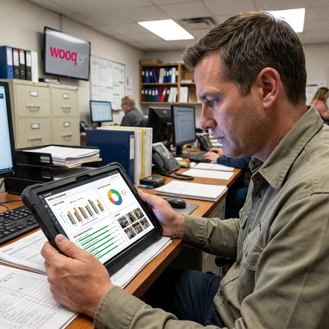 Manager reviewing workplace safety compliance dashboard
