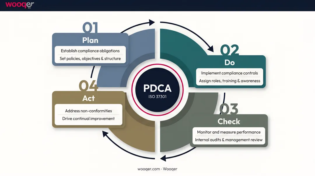 ISO 37301 four-stage PDCA compliance management cycle process infographic