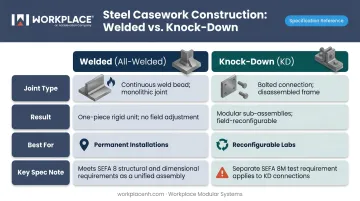Welded versus knock-down steel lab casework construction method comparison infographic