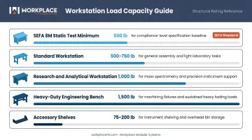Engineering lab workstation load capacity ratings comparison from standard to heavy-duty benches