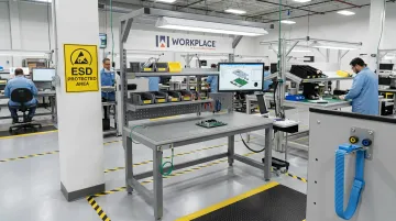 Custom ESD workstation with grounded worksurface wrist strap mount and steel frame