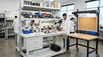 Workplace Modular Systems laboratory workstation configured with shelving utilities and storage components