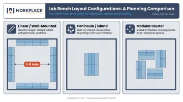 Three laboratory layout configurations linear peninsula and modular cluster comparison diagram