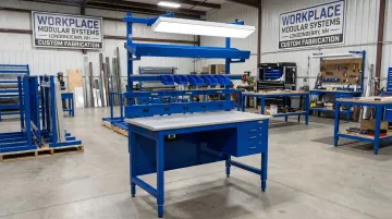 Workplace Modular Systems custom industrial workstation inside Londonderry NH manufacturing facility