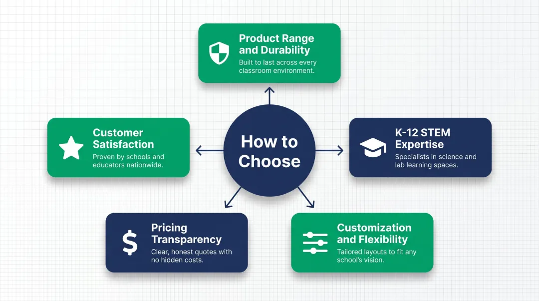 Five criteria for evaluating K-12 STEM lab furniture manufacturers selection guide infographic