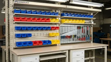 Workplace Modular Systems grab-area accessory panel with bin rails and pegboard tools