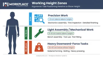 Three-level ergonomic working height guide by task type and elbow position