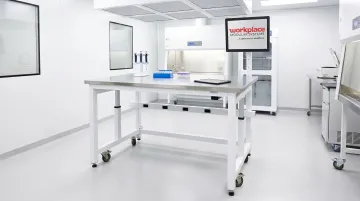 Workplace Modular Systems cleanroom workstation with stainless steel surface in pharmaceutical lab