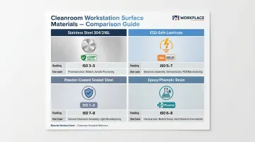 Four cleanroom workstation surface materials comparison chart with ISO class ratings
