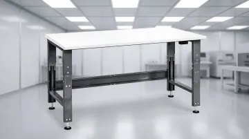 ESD-safe cleanroom workbench with laminate surface and grounded frame in semiconductor facility
