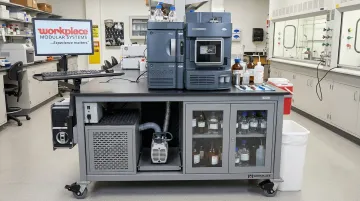 LC-MS laboratory workstation with integrated vacuum enclosure solvent storage and instrument setup