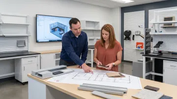 Facility consultant and operations manager reviewing modular workstation layout and configuration plans