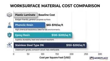 Lab worksurface material cost comparison phenolic epoxy and stainless steel per square foot