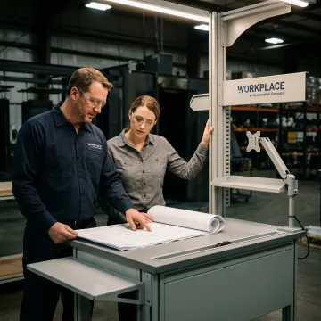 Engineers reviewing custom workstation drawings