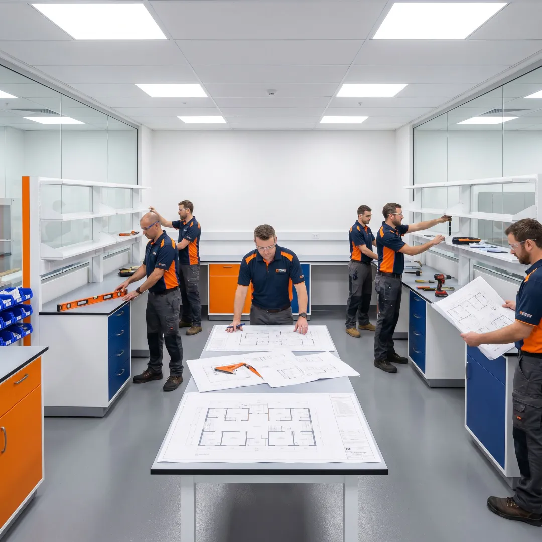 Team installing modular laboratory workstations