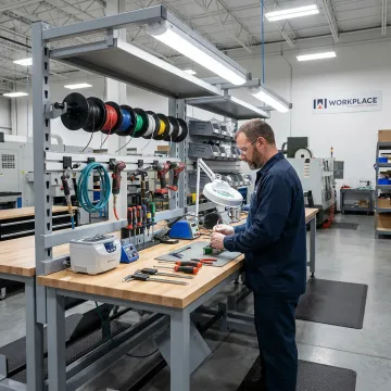 Custom industrial workbench in a modern manufacturing facility