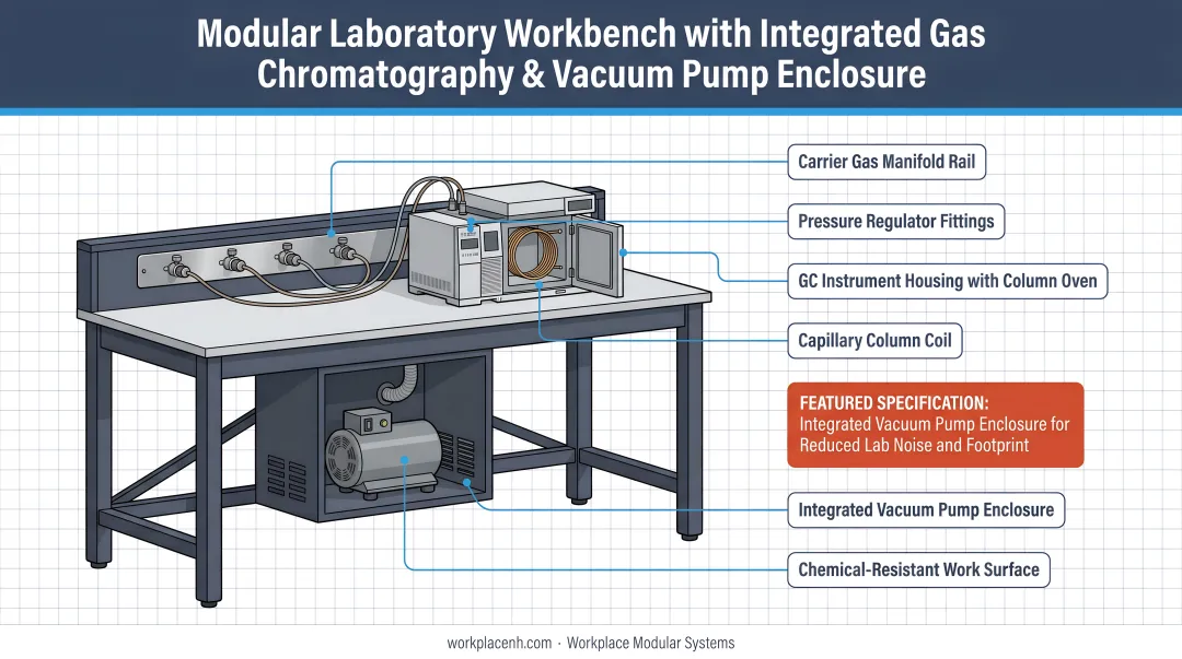 Gas chromatography instrument bench with integrated carrier gas routing and vacuum pump enclosure