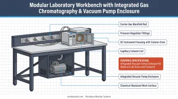 Gas chromatography instrument bench with integrated carrier gas routing and vacuum pump enclosure
