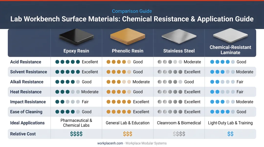 Four lab workbench surface materials comparison chart by chemical resistance and application