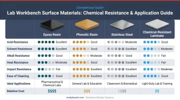 Four lab workbench surface materials comparison chart by chemical resistance and application