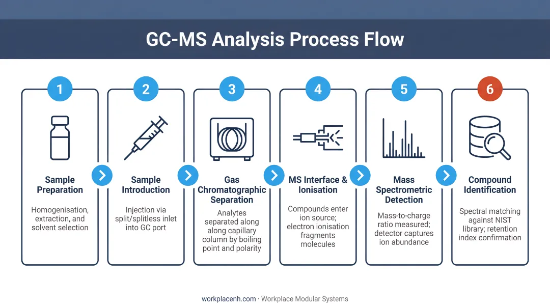 6-step GC-MS analysis process flow from sample preparation to compound identification