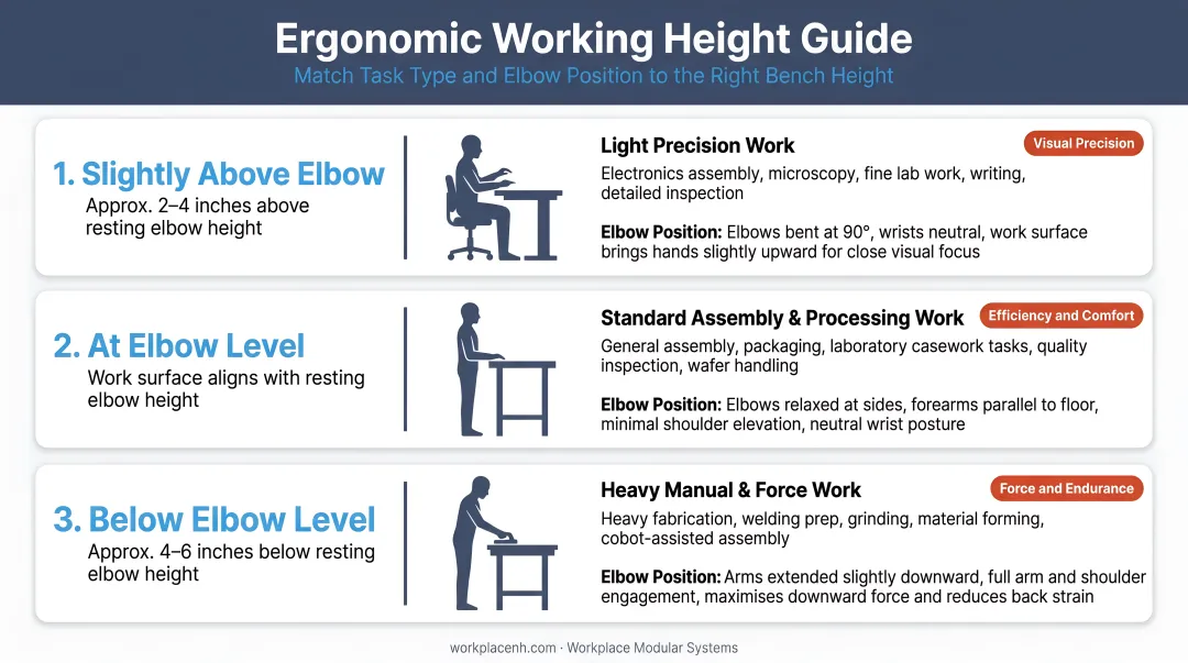 Three-level ergonomic working height guide by task type and elbow position