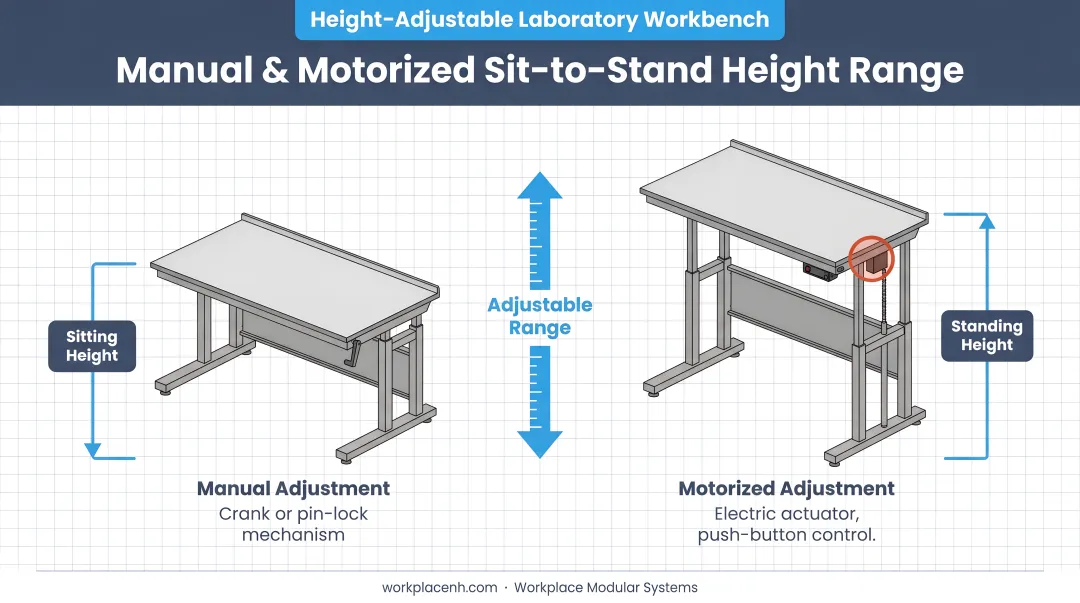 Height-adjustable laboratory workbench showing manual and motorized sit-to-stand range