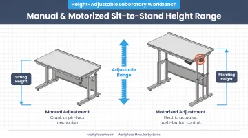 Height-adjustable laboratory workbench showing manual and motorized sit-to-stand range
