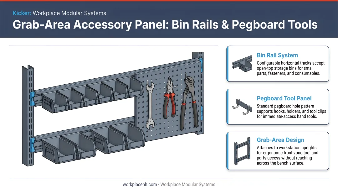Workplace Modular Systems grab-area accessory panel with bin rails and pegboard tools