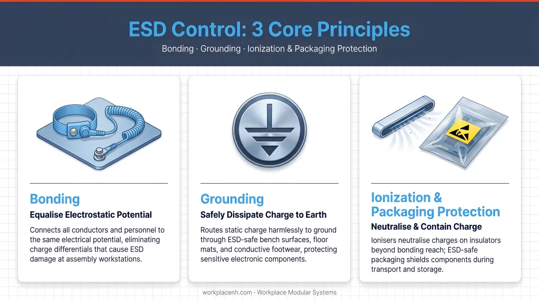 Three core ESD control principles bonding grounding ionization and packaging protection