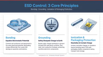 Three core ESD control principles bonding grounding ionization and packaging protection