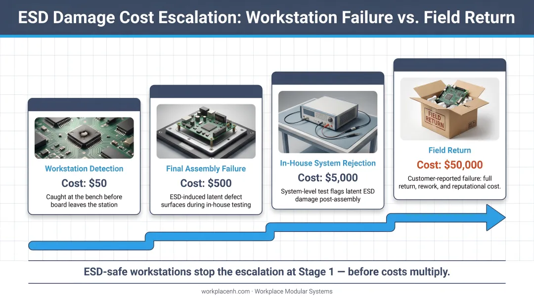 ESD damage cost escalation from workstation failure to field return comparison