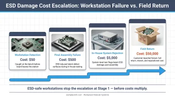 ESD damage cost escalation from workstation failure to field return comparison