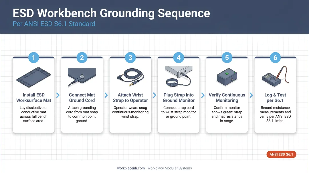 6-step ESD workbench grounding sequence per ANSI ESD S6.1 standard