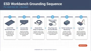 6-step ESD workbench grounding sequence per ANSI ESD S6.1 standard