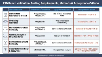 ESD bench validation testing requirements methods and acceptance criteria comparison chart
